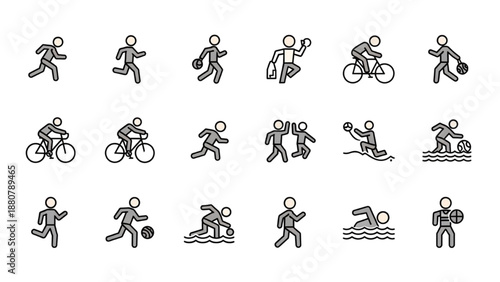 Collection of simple line icons depicting various sports and activities
