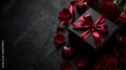 Elegant black gift box with red satin ribbon on dark stone background with roses, luxury Valentines Day present.