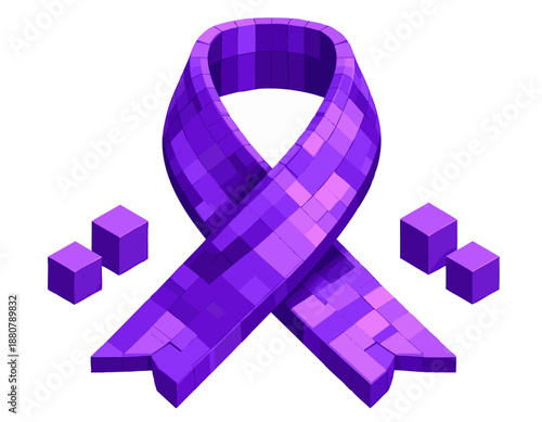 Blocky voxel style vector icon for cancer awareness purple ribbon