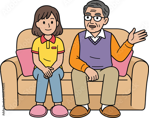 Grandfather talking with his granddaughter while sitting on a sofa, family conversation at home, warm intergenerational bonding in cartoon illustration style