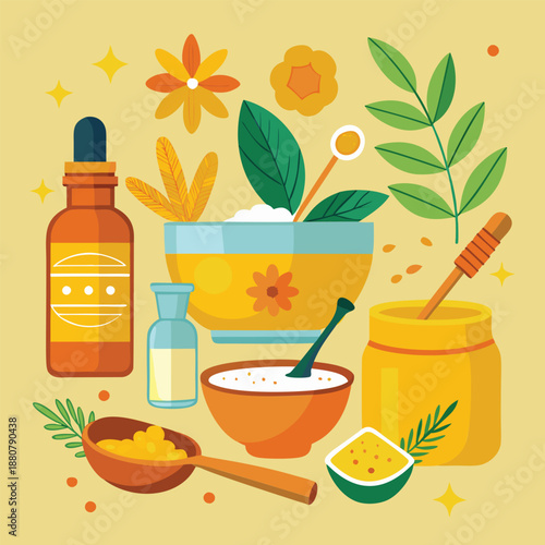 Spa ingredients in decorative bowls and bottles