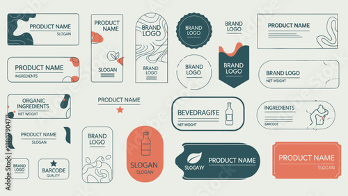 Infographic showing various beverage product label design templates and branding elements.