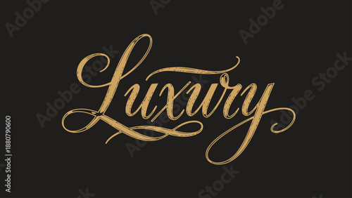 Elegant luxury word in gold calligraphy on black background.