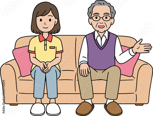 Grandfather and granddaughter sitting together on a sofa, family bonding at home, warm intergenerational relationship illustrated in friendly cartoon style