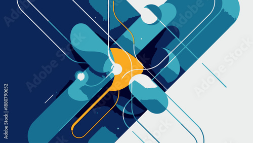 Abstract geometric design with intersecting shapes and dynamic lines in blue and orange tones.