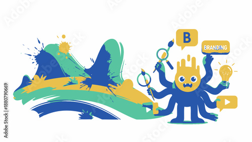 Creative blue octopus character holding magnifying glass and light bulb with colorful abstract background.