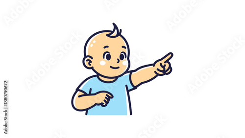 Cute baby boy pointing with cheerful expression in blue shirt.