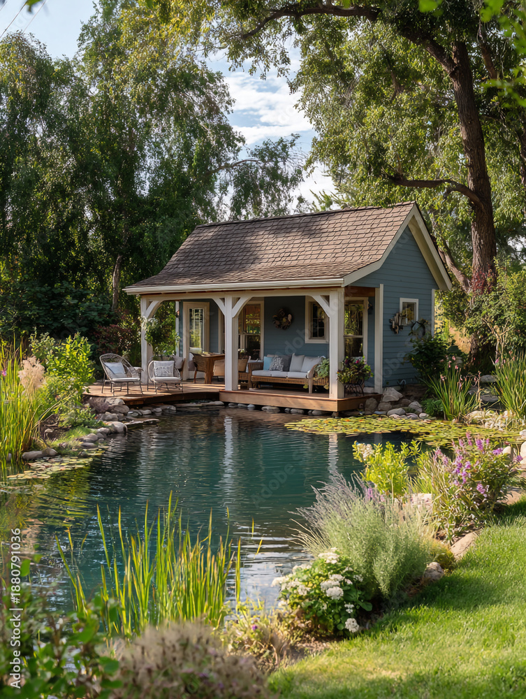 Fototapeta premium A cozy blue wooden cottage with a porch sits nestled in a lush green garden next to a calm pond with stone steps.