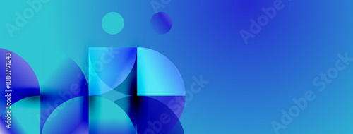 Abstract blue shapes overlap, creating dynamic composition. Gradient hues suggest depth, modern aesthetic. Minimalist design.