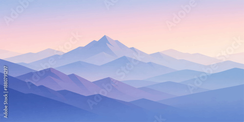 Misty mountain landscape at sunrise with peaks and hills shrouded in fog over a deep valley under a blue sky with clouds