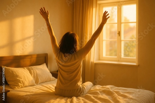 Wallpaper Mural Woman sitting on bed with arms raised, stretching her body during a golden morning. Concept of new day, well being Torontodigital.ca