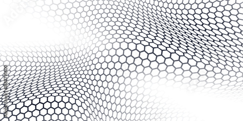 Abstract design featuring a continuous hexagonal pattern forming a wave-like structure on a white background.