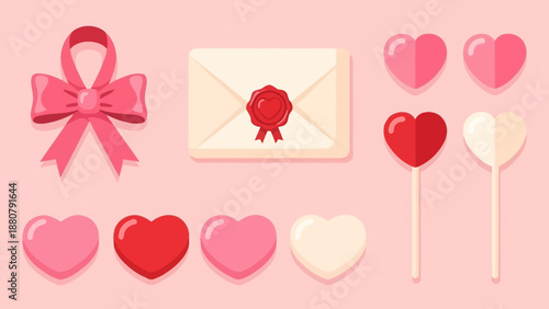 Valentine's Day Love Symbols: Heart Candies, Lollipop, Bow, Envelope with Wax Seal
