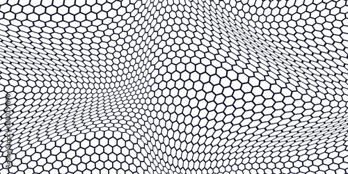 Abstract design featuring a continuous hexagonal pattern forming a wave-like structure on a white background.