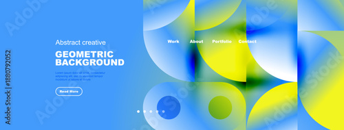 Bright abstract geometric background. Fluid shapes, vibrant colors, website mockup with navigation elements. Modern design, clean aesthetic.