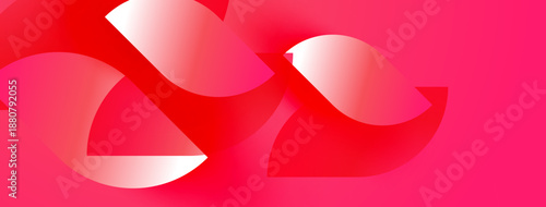 Abstract red shapes overlap pink background. Smooth gradients create dynamic visual effect. Minimalist design focuses color, form.