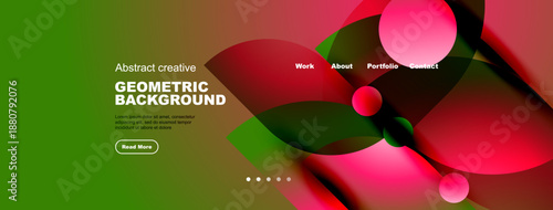 Abstract website header design. Green background features pink geometric shapes, text, navigation menu, plus read more button.