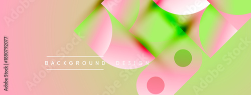 Abstract background features overlapping circles, vibrant pinks, greens, soft gradients. Modern design elements create dynamic visual texture.