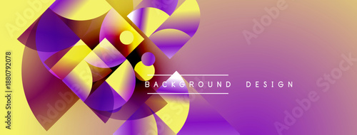 Abstract geometric composition. Vivid gradients, overlapping shapes create dynamic visual effect. Yellow, purple hues dominate design.