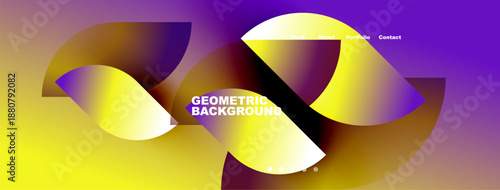Abstract geometric background. Vibrant yellow, purple hues blend. Minimalist design with text elements, navigation visible. Modern aesthetic.