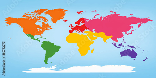 Vector illustration of a global earth map with continents like Europe Asia and America featured on a vibrant blue background for business travel and atlas geography themes