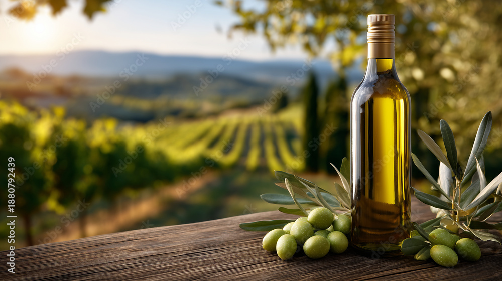 Obraz premium Golden olive oil bottle rests near fresh olives on wooden table. Tuscan vineyard rows stretch towards warm sunset. Olives and oil glow in soft light, diagonal composition with bott