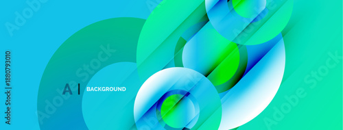 Abstract design features overlapping circles, lines. Vibrant blue, green hues create dynamic visual effect. Modern, clean aesthetic.