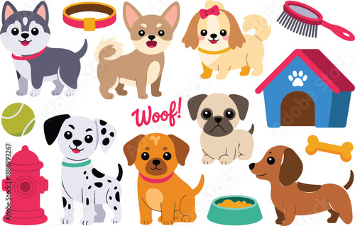 Cute Puppy Dog Outline Icon Set Popular Breeds in Playful Poses