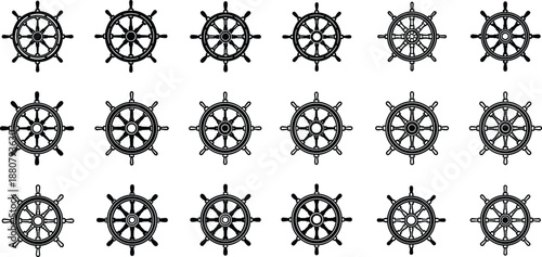 Collection of twenty ship steering wheel silhouettes arranged in grid showcasing nautical designs, maritime navigation, sailing, and marine decorative concepts