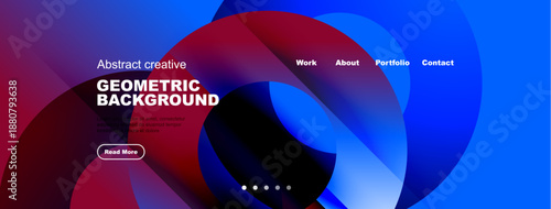 Abstract website header. Vibrant blue, red, turquoise colors dominate design. Text promotes geometric backgrounds, includes navigation options.