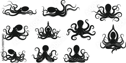 Collection of twenty octopus silhouettes in unique poses with creative tentacle arrangements, marine life artwork, yoga‑like gestures, and ocean design concepts