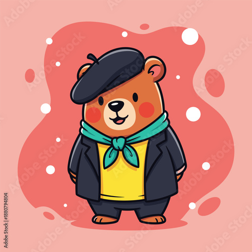 Stylish bear in hat and scarf Vector