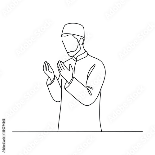 Minimalist Muslim Man Standing in Prayer and Dua Line Art Illustration