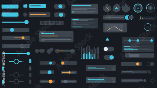 A collection of various UI elements and infographic components on a dark background with blue and orange accents.