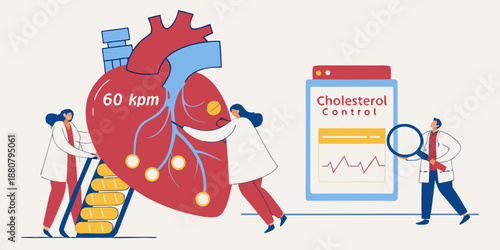 Medical Illustration of Doctors Monitoring Heart and Cholesterol