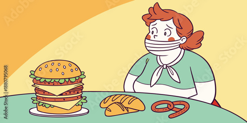 Woman with mouth taped shut looking at fast food illustration