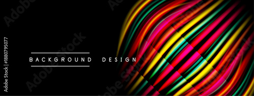 Dynamic lines create vibrant abstract design. Bold colors contrast against black background. Modern aesthetic, sleek presentation.