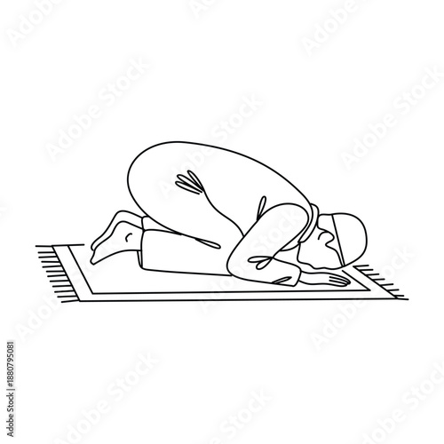 Minimalist Muslim Man Prostrating in Prayer Sujud Position Line Art Illustration