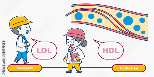 Cartoon illustration of LDL and HDL cholesterol functions
