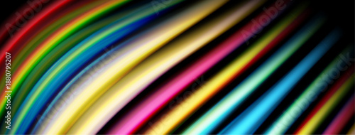 Bright colorful lines sweep across black background. Dynamic abstract composition creates visual energy, modern aesthetic.