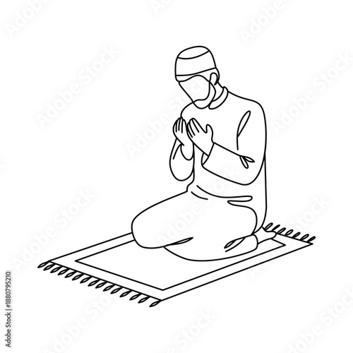 Minimalist Muslim Man Sitting on Prayer Rug Making Dua Line Art Illustration