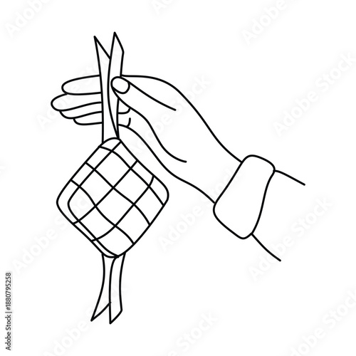 Minimalist Hand Holding Ketupat Rice Cake Line Art Illustration