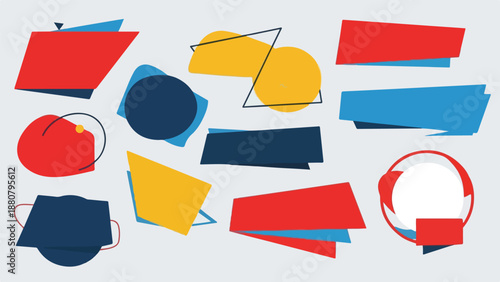 A collection of various colorful geometric shapes and abstract forms arranged on a light gray background in a flat lay composition.