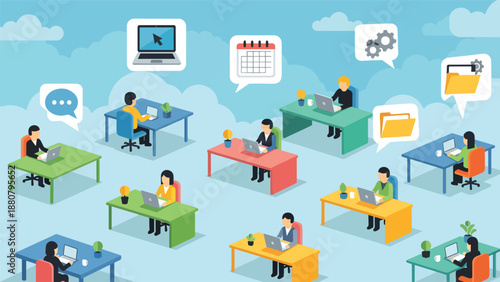 Diverse team of professionals working remotely from home offices with laptops and digital communication icons