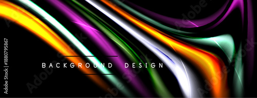 Abstract colorful lines flow across black background. Dynamic shapes create modern visual effect. Bright hues offer vibrant design element.