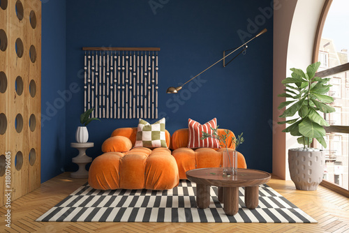 Mid century style conceptual dopamine interior room 3d illustration