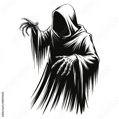Mysterious shadowy figure with a hooded robe and menacing claw-like hands