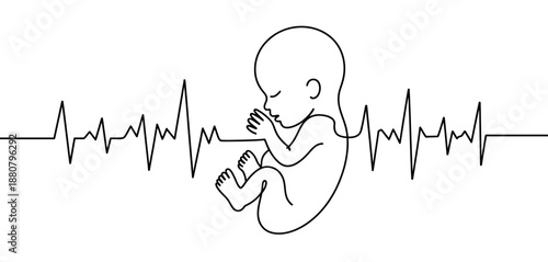 Fetus and heartbeat line drawing symbolizing prenatal life and health monitoring and care.