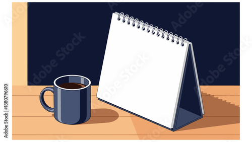 blank calendar and coffee mug on a warm wooden desk offering space for daily planning scheduling and office work tasks