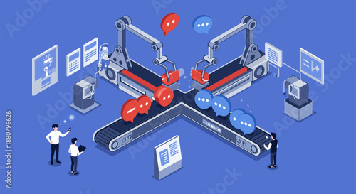 artificial intelligence processing digital communication data flow with robotic arms on an isometric factory conveyor belt system for business analysis solutions.